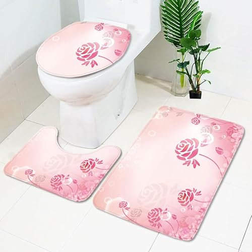Bad Teppiche Set Rosa Elegante Blume Badezimmerteppich Waschbar WC Vorleger mit Ausschnitt und WC Deckelbezug 3 Teilig Badematte rutschfest Toilettensitzbezug Badgarnitur 45x75 cm
