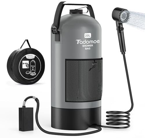 Tadomoe 20L Doccia da Campeggio con Pompa, 2000mAh Doccia Portatile Solare Borsa con Pratico Ugello per Campeggio, Escursionismo e Spiaggia