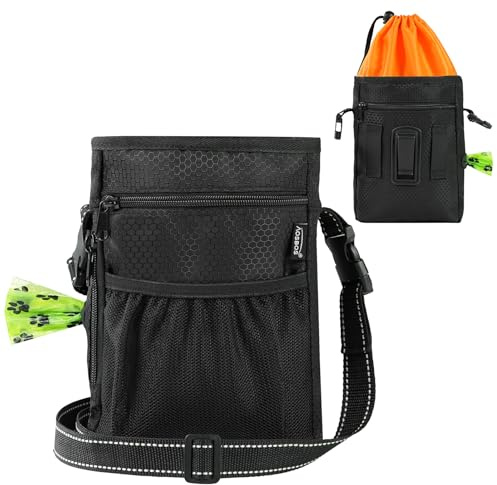 Aosbos Dog Treat Pouch with Built-in Poop Bag Dispenser & Easy-Clean Liner - Dog Training Treat Bag with Reflective Strap & Belt Clip, Black Orange
