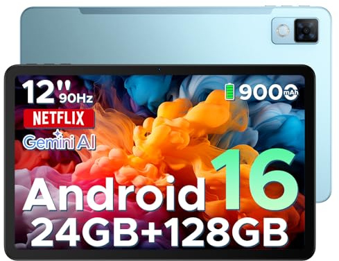DOOGEE U12 Tablette Android 16, Tablette 12 Pouces, 24GB RAM+128GB ROM(TF 2TB), Batterie 9000 mAh 18W Charge Rapide, Unisoc T7255 Octa-Core Caméra 13MP Tablette Tactile, 5G WiFi Bluetooth GPS