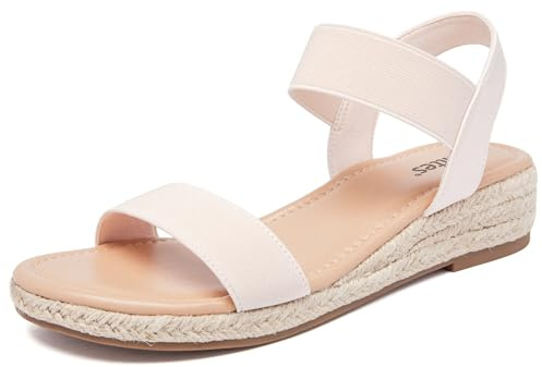 Veittes Sandales compensées à plateforme pour femmes,Sandales compensées espadrilles d'été habillées à talon avec bride élastique à la cheville orteils ouverts,Amande,45 EU,2507008