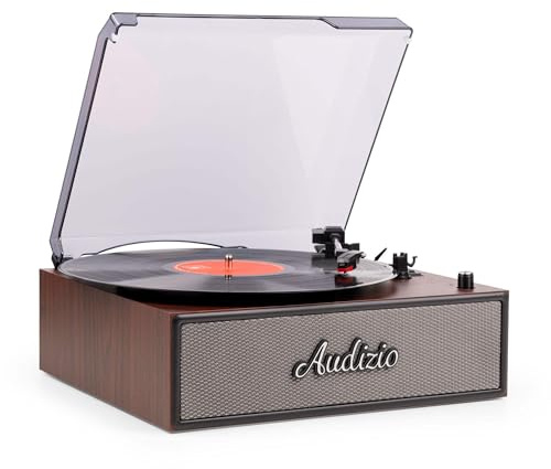 Audizio Reno – Tocadiscos de Vinilo Bluetooth con Altavoces Integrados, 3 velocidades, tracción por Correa, Salida RCA, Adaptador 45 RPM, Tocadiscos Madera, giradiscos Vinilo Color Madera