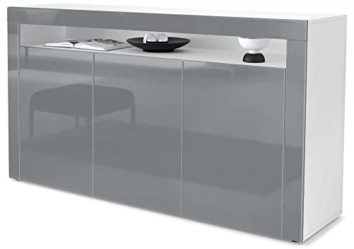 Vladon Sideboard Valencia, Made in Germany, Kommode mit 3 Türen und 1 offenem Fach, Weiß matt/Grau Hochglanz (155 x 92 x 40 cm)