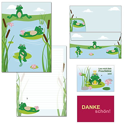 Briefblock-Mappe Frösche - 1 Schreibblock DIN A4 + 15 Briefumschläge DIN lang + 2 Postkarten Block-Set-Frosch