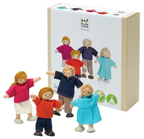 PlanToys 13574150 - Puppenfamilie | 1:12 scale parents & kids figures, doll house people, bendable arms, girls pretend play, montessori gift ages 3+ for boys