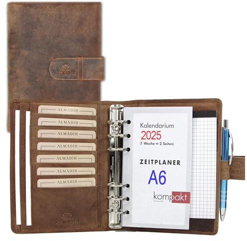 ALMADIH Leder A6 Terminplaner Kalender 2026 Notizblock aus Premium Rindsleder Braun Vintage in Geschenkbox – Ledermappe Mappe Schreibmappe Organizer Terminkalender Ringbuchmappe (Term A6 BV)