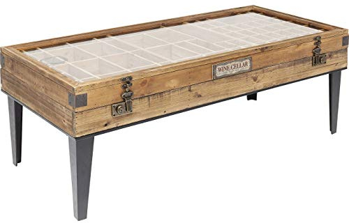 Kare Design Couchtisch Collector, Nature, Couchtisch, Beistelltisch, Tannenholz Korpus, Glas Tischplatte, Stahl Beine, 46x122x55 cm (H/B/T)