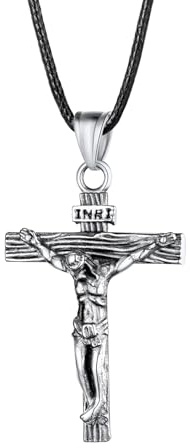 U7 Edelstahl Kreuz Halskette INRI Kruzifix Jesus Christus Anhänger mit 55cm Kunstleder Kette Katholischen Christian Modeschmuck für Damen Herren, Silber-Ton