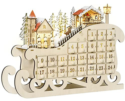 HOMCOM Christmas Advent Calendar, 2021 Light Up Table Xmas Wooden Sleigh Holiday Decoration with Countdown Drawer, Village, for kids Adults, Natural Wood Color