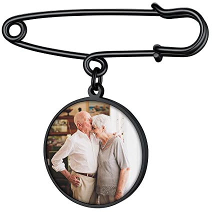 Custom4U Personalisierte Foto Broschen Damen Anstecker Schwarz Edelstahl Memorial Anhänger Brautstrauß mit Foto Anhänger Oval/Rund/Herz Broschen Anstecknadel Hochzeit Modeschmuck