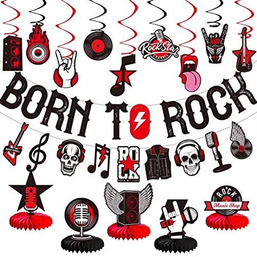 25 Stück Rock and Roll Party-Dekorationen enthalten Born to Rock Glitter Banner, Rock and Roll hängende Wirbel und Wabenaufsätze für Geburtstag, Babyparty, Partyzubehör