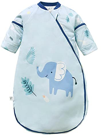 Chilsuessy Baby Winter Schlafsack mit abnehmbaren ärmeln 3.5 Tog Warm Schlafsack Langarm Kinderschlafsack Babyschlafsack aus ganz soft natürlich Baumwolle, Elefant/3.5 Tog, S/Babyhöhe 60-70cm