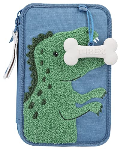 Depesche 12307 World Mini-Gefüllte 2-Fach Federtasche in Blau, mit Dino-Motiv aus Frotteestoff und Knochen-Anhänger, Federmäppchen mit Buntstiften, Lineal, Schere UVM