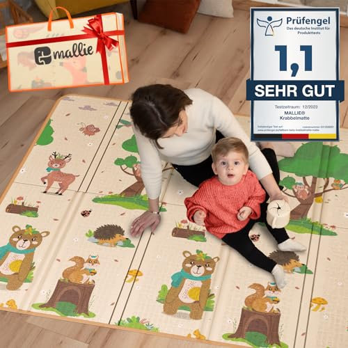 Mallie® Spielmatte Baby Faltbar inkl. Gratis Tragetasche 180x150x1cm [100% BPA- und Schadstoff-Frei] Doppelseitige Krabbelmatte Baby, Krabbeldecke Baby I Baby Play Mat, Spielmatte Baby Faltbar