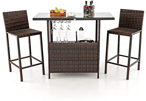 Tangkula Juego de barra para exteriores, juego de mesa y silla de mimbre para patio de 3 filas con estantes para copas de 3 filas, estante de almacenamiento oculto, mesa de vidrio templado, 2