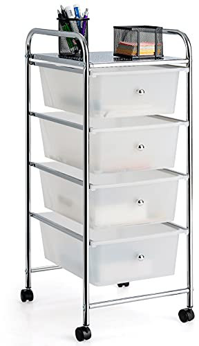 COSTWAY Rollwagen mit 4 stapelbaren Schubladen, Schubladenwagen Rollcontainer mit Metallgestell und Ablagefläche, Badrollwagen Aufbewahrungswagen für Büro, Wohnzimmer (Transparent)