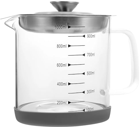 Easnea Glass Bacon Grease Container with Strainer, Cooking Oil Storage Can with Mesh Filter, Frying Oil Storage Can with Lid, Oil Bottle with Filter for Cooking and Kitchen (1000ML)