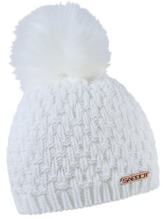 SABBOT Schick Damen Mütze mit Pelzbommel, Fleece-Futter, Wintermütze, Modernes Strickmuster, Warme Kappe (Weiß)