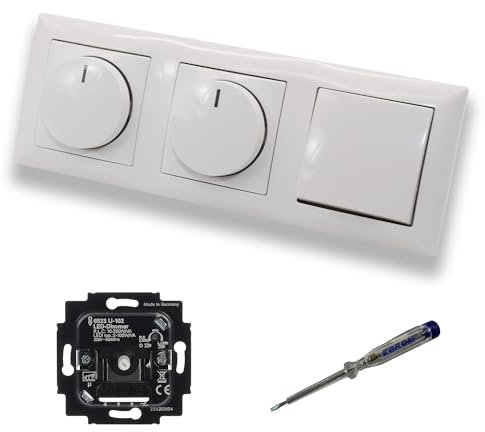 Busch Jäger 6523U-102 (2 x) LED Drehdimmer Dimmer + Dimmerscheiben 2115-914 und Kreuzschalter 2000/7 US in Balance Si alpinweiß glänzend inklusive EBROM Phasenprüfer zur Montage d. Geräte 6523 U – 102
