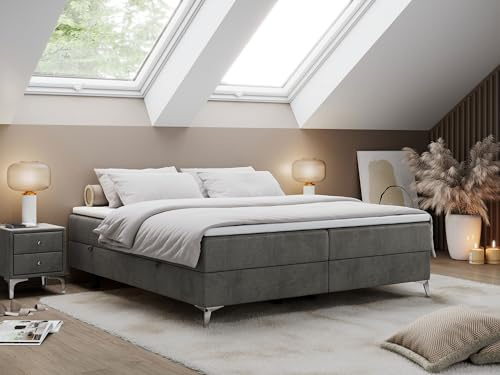 MKS MEBLE Boxspringbett Less 180x200 cm, Bett mit Bettkasten, Multipocket Matratze H3 7-Zonen, Topper T25, minimalistisches Doppelbett – Dunkelgrau Velvet