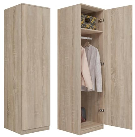 WHATSIZE ENTERPRISE Wardrobe Single Freestanding Narrow 50cm wide Garderobe | Sonoma Oak - Tall Cupboard - Wooden Storage Bedroom Wardrobe with Folding & Hanging Space - Organise Clothing, & Coats