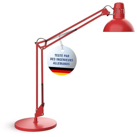MAUL Schreibtischlampe rot MAULstudy E27 Arbeitslicht stabiler Metallfuß | Flexibel ausrichtbarer Doppelarm, sicherer Halt beim Arbeiten, austauschbare E27 Lichtquelle, rotes Metallgehäuse