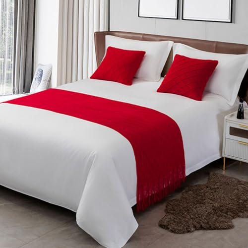 LEEMQCYA Roter Bettläufer, Quasten für Fußbett, luxuriöses Hotel, Betttuch, Tagesdecken, Bettflagge, Bettschutz, für Hochzeit, Schlafzimmer, Dekoration, Einzelbett, Doppelbett, Super-King-Size-Bett,