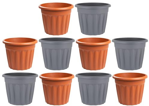 M1SS Combo of 10 x 50CM Traditional Round Planter Lightweight & Weather Resistant, Plastic Garden Plant Pot Plant Herb Flowerpot Nursery Pot for Patio Indoor/Outdoor use (Terracotta-5, Grey-5)