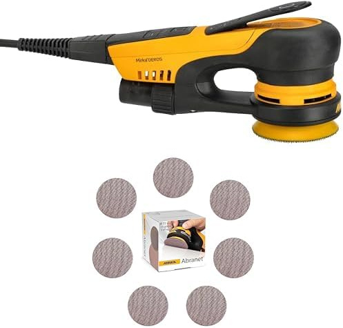 Mirka DEROS II 350 Exzenter-Schleifer Schleifmaschine mit Absaugung für Ø 77mm Schleifpapier, 5,0mm Hub Exzenterschleifmaschine + Mirka Abranet Netzschleifscheiben Ø 77mm Klett