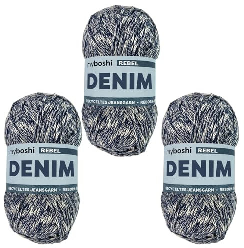 myboshi Denim, veganes Jeansgarn, recycelte Baumwolle zum Häkeln und Stricken, 50% recyceltes Denim, 50% Baumwolle (Bio), 50g, Ll 135m Dunkelblau (Rebel) 3 Knäuel