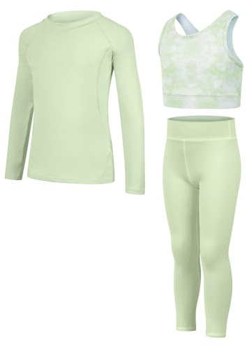 JiAmy Leggings Yoga per Bambina Set 3 Pezzi, Maglie Sportive a Manica Lunga, Top Corto in Stile Crop, Abbigliamento Sportivo per Ragazze 5-12 Anni