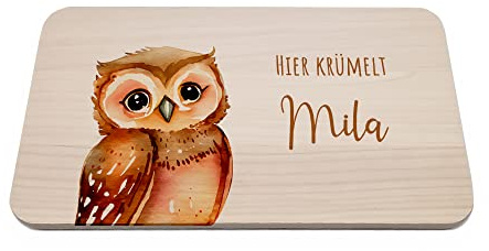 Tagliere per la colazione personalizzato, gufo, in legno, per bambini, con motivo, regalo per il 1° compleanno