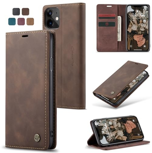owlhold Handyhülle für iPhone 11 Hülle, Premium Lederhülle Weiches Vintage-Nubukleder Faltbare Ständer Klapphülle Kartenfach Standfunktion stoßfest Schutzhülle für iPhone 11 -Kaffee