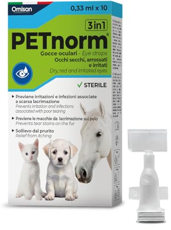 PETnorm Collirio Monodose 3in1 Delicato Naturale con Acido ialuronico - Lubrifica, Idrata, Dona Sollievo. Aiuta a Rimuovere Macchie da Lacrimazione. Cani,Gatti,Animali da Compagnia - 10x0,33 ml