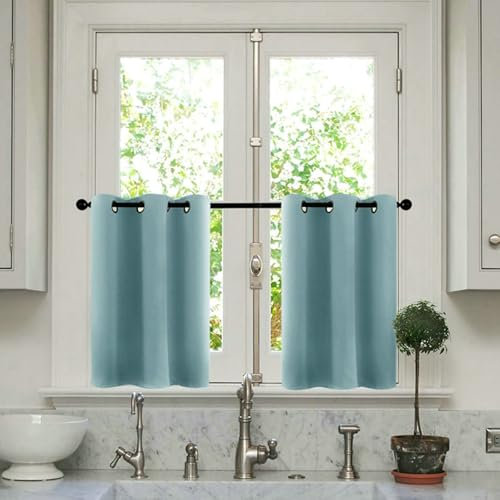 Homxi Scheibengardine Küche 2 Teilig,2 x 86W x 114.5H cm,Stores Gardinen Blau Einfarbig Gardinen Schlafzimmer mit Ösen