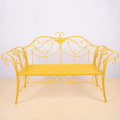 JXYQZD Gartenbänke für Draußen, Gartenbänke Aus Metall mit Rückenlehne im Blumendesign, Einfacher Aufbau, für Veranda, Hof, Rasen, Balkon(Yellow)