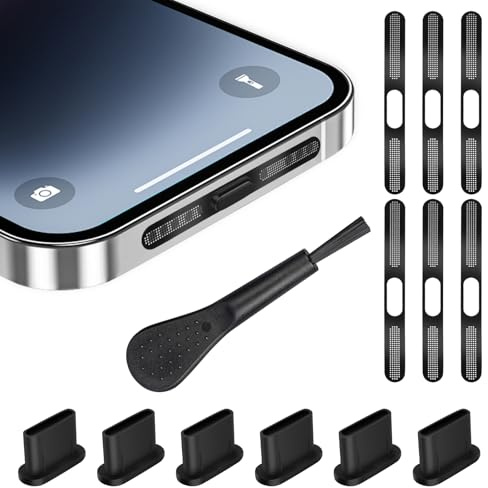 AXFEE Juego 13 Tapones Antipolvo USB C y Cubierta, para iPhone 17/16/15 | 6 Fundas de Silicona para Tapón Antipolvo, 6 Adhesivo para La Red de Altavoces Del Teléfono Móvil, con 1 Cepillo Limpieza