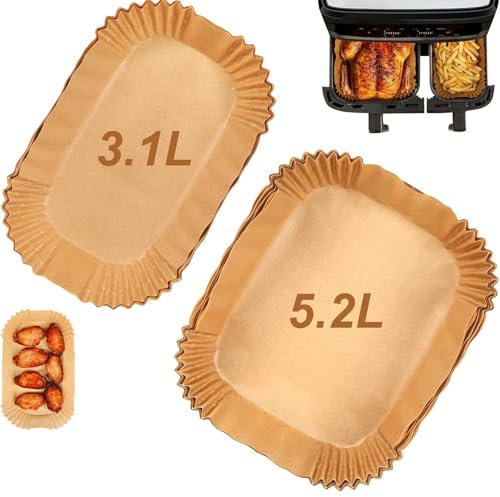 HOMIKLSA 200 Feuilles Papier Cuisson pour Friteuse Sans Huil Double Panier 5.5L-8.3L, Compatible Modèles 3000/5.2L/3.1L/3.5L, Antiadhésif Réutilisable (200 Pièces)