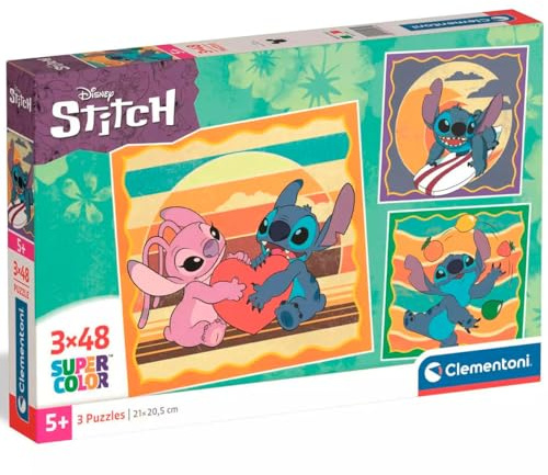 Clementoni Puzzle 3x48 Stitch 144 Stücke für Kindern 5-8 Jahre, Cartoon | Geschenk für Kinder, Puzzle für Kinder, Made in Italy, 25062