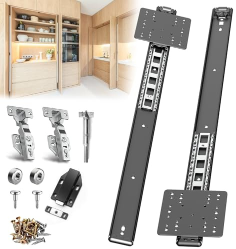 JAXYOOM 22inch Pocket Door Hardware Slide with Hinge for Cabinets 1 Set | Hidden Sliding Pivot Door Rail for Heavy Duty Furniture,Soft Close Retractable Kit for Kitchen & Recessed Wardrobe