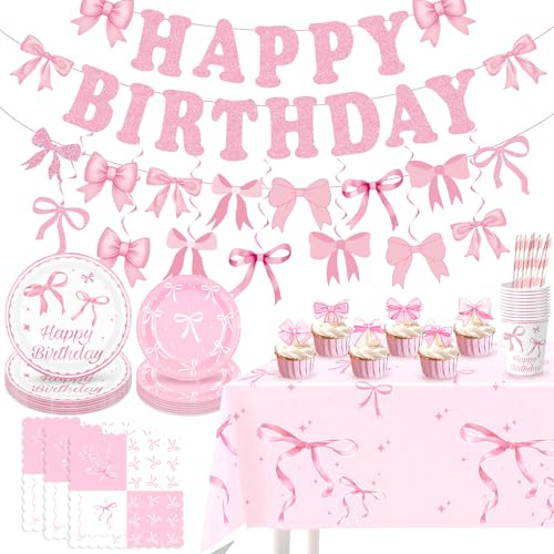 117 Stück Rosa Schleifen Design Geburtstag Party Geschirr Set | Mädchengeburtstag Deko Inklusive Teller Becher Tassen Servietten Tischdecke Tortenaufsatz Banner