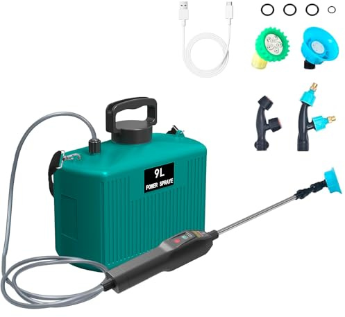Pulverizador a presión con batería de 9 litros, pulverizador eléctrico para más Potente con 4 boquillas Ajustables, 2 velocidades de pulverización, Mango Recargable por USB, batería de 2400 mAh