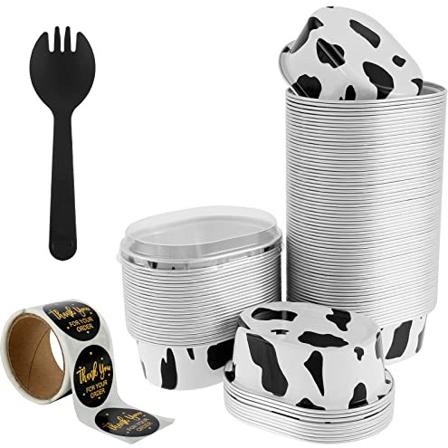 60 moldes de papel de aluminio, mini moldes para tartas con tapas transparentes y cucharas, reutilizables, 68 ml, para tartas, queso, postres (60 unidades, diseño de vaca)