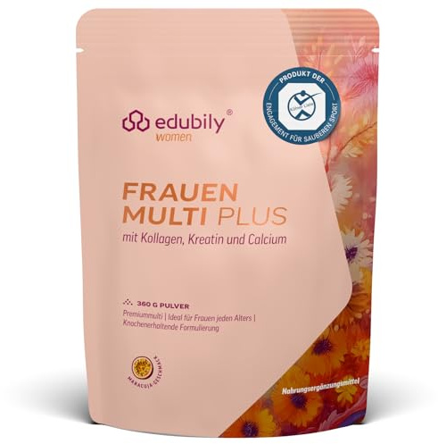 edubily® Frauen Multi Plus – Multivitamin & Mineralstoff-Drink für Frauen - Mit Calcium, Magnesium, Zink, Vitamin D & B-Vitaminen, Kreatin, Q10 & Kollagen - Zuckerfrei (360 g, Maracuja)