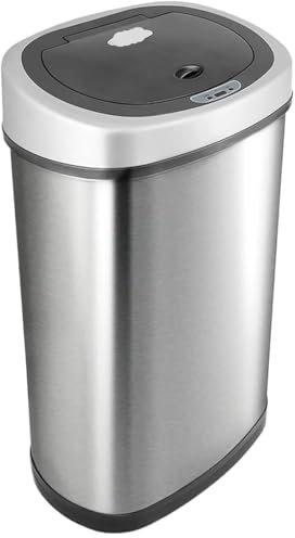 ZNTIHZ Poubelle Automatique à capteur de Mouvement Infrarouge sans Contact, 13 Gal, 50 L, Base en Acier Inoxydable (Ovale, Couvercle argenté/Noir) pour La Cuisine