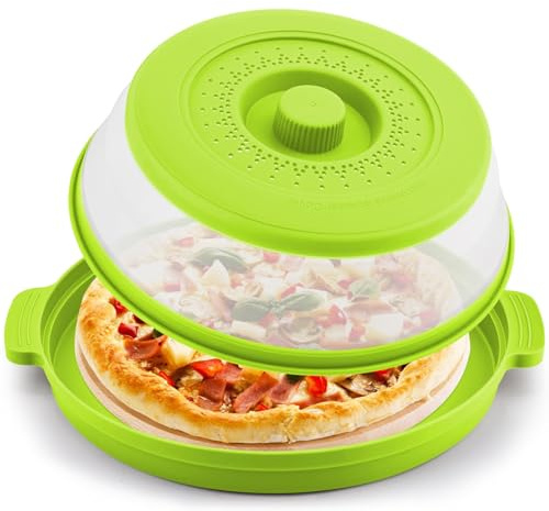 Microwave Cover for Food with Anti-scald Base Mat,Kitchen Gadgets Large Plastic & Silicone Vented Avoid Scalding Collapsible Guard Lid, Plate Holder & Kitchen Colander Meal Prep-10.7 Inch (Green)