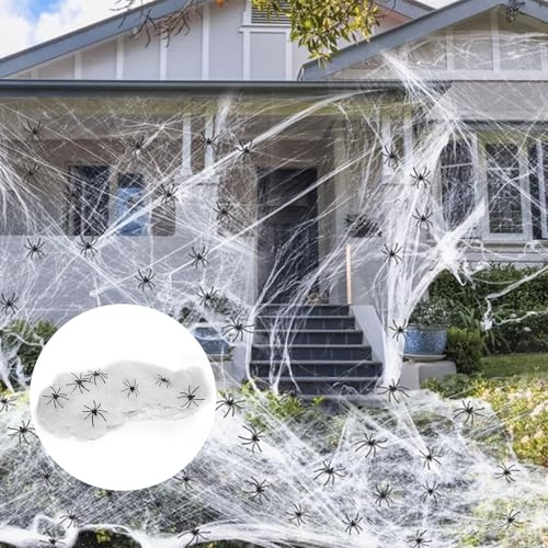 Tadpolez Halloween Party Outdoor Weißes Spinnennetz Gruselige Dekoration Set- 200g Weiß Dehnbare Spinnweben mit 60 Stück Schwarzen Kunststoff Spinnen Gruselige Innen und Außen Party Spukhaus
