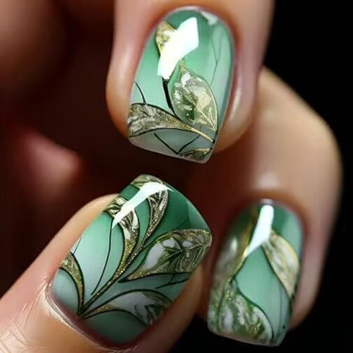 Viugex 24 Pièces Faux Ongles Court Carrés, Brillant Press on Nails Dégradé Vert Français Acrylique Ongles à Coller avec Fleurs Dorées, Couverture Complète Artificiels Capsules Ongles pour Femme Fille