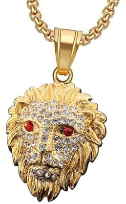 Collar de cabeza de león brillante para hombre, diseño de cabeza de león de oro clásico, con ojos rojos, hip-hop, joyería para hombre