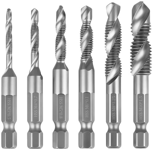 6-teiliges Kombi-Bohrer und Gewindeschneider-Set,Titan Spiralnut Bohrer Gewindebohrer Metrisch M3 M4 M5 M6 M8 M10,6-mm-Sechskantschaft Gewindeschneidwerkzeug für Metall, Holz, Kunststoff